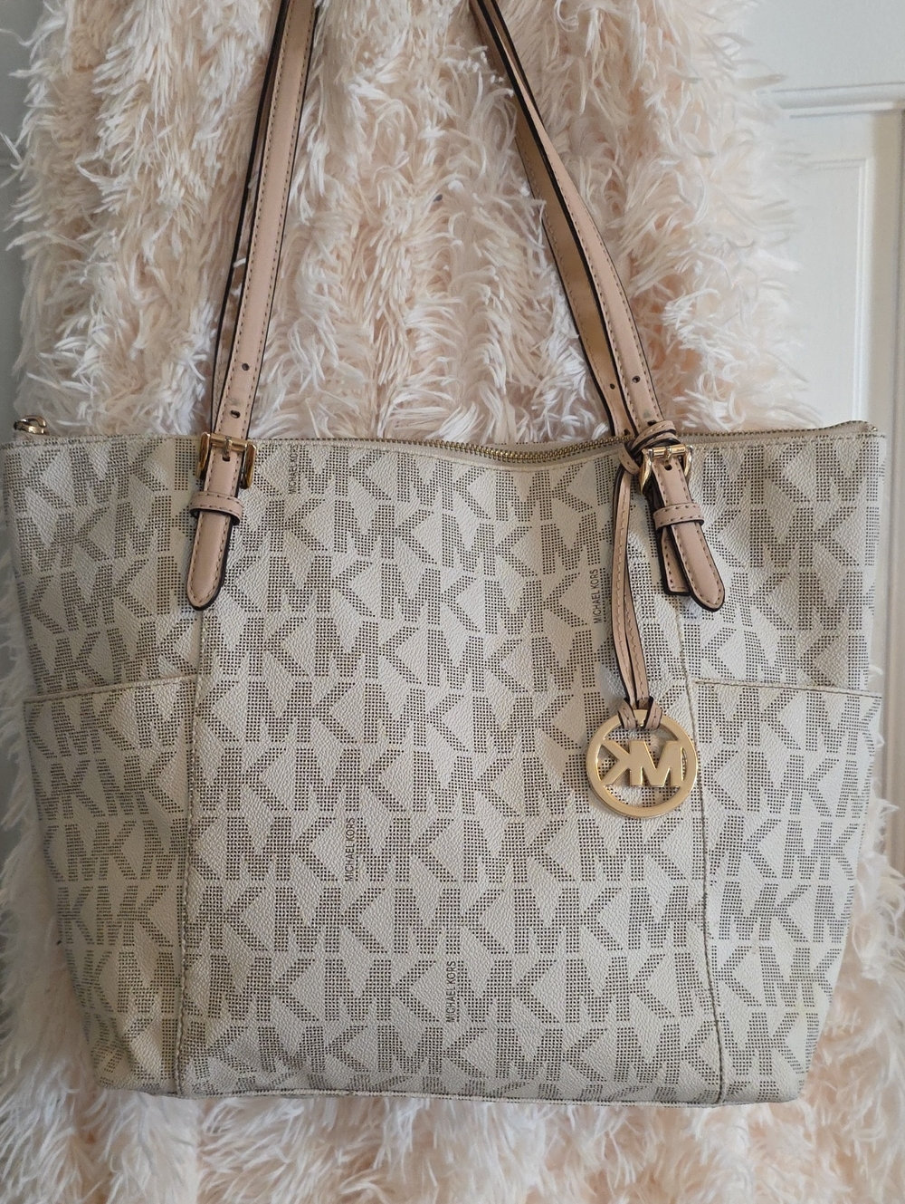 Michael Kors Beige Ivory Logo Tote with Gold MK Charm